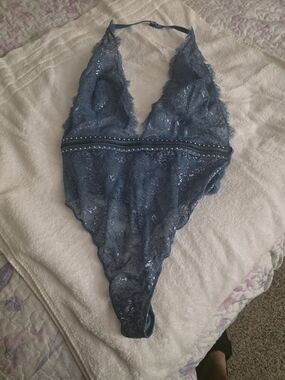 Victoria's Secret Blue Lace Halter Teddy Bodysuit